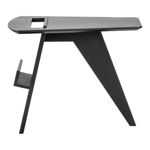 Sleek black wooden table with a modern design, featuring smooth surfaces and angular patterns for a minimalist aesthetic.