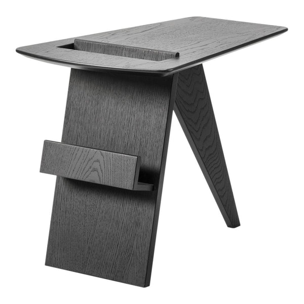 Modern black wood side table with a sleek, minimalist design and textured grain pattern. Perfect for contemporary decor.