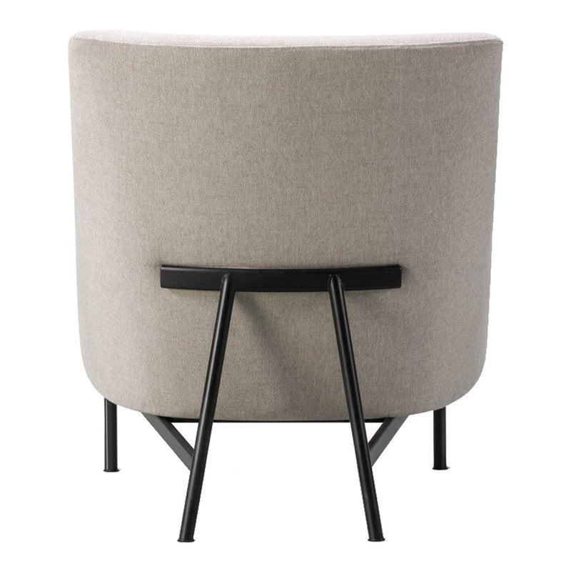 Beige fabric chair with a minimalist black metal frame, showcasing a smooth, textured finish.
