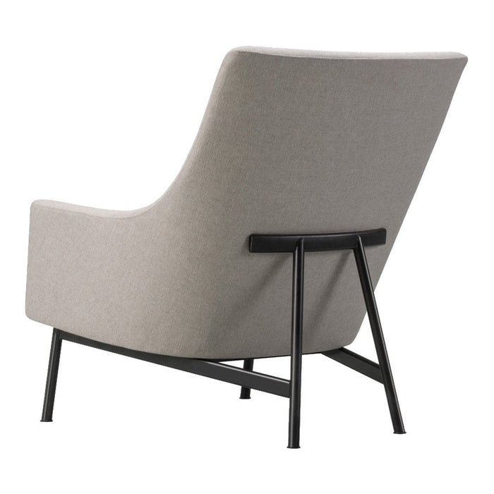 Light gray upholstered chair with a sleek black metal frame and minimalist design, perfect for modern decor.