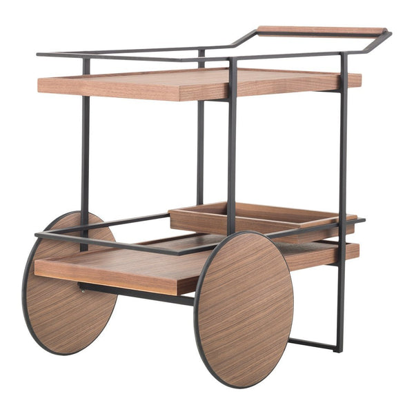 Brown wooden two-tier cart with black metal frame and circular wheels, featuring a minimalist design.