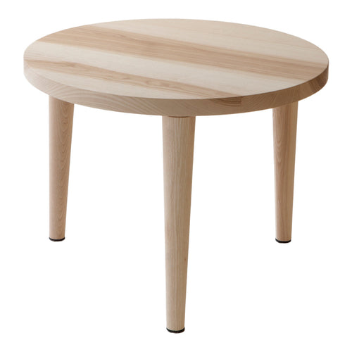 Light natural wood round table with a smooth surface and subtle grain patterns, featuring slender tapered legs.