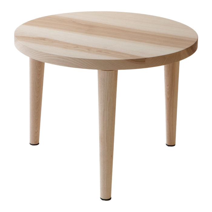 Light natural wood round table with a smooth surface and subtle grain patterns, featuring slender tapered legs.