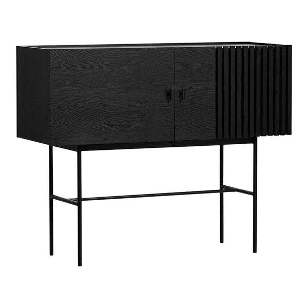 Sleek black cabinet with textured paneling and a minimalist design, showcasing modern geometric patterns.