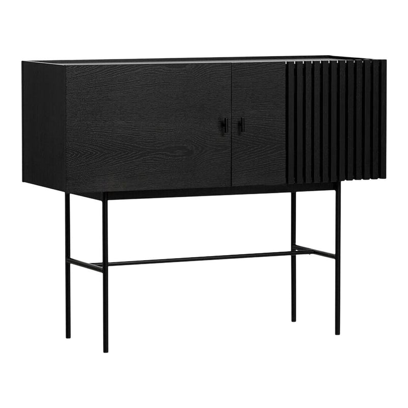 Sleek black cabinet with textured paneling and a minimalist design, showcasing modern geometric patterns.