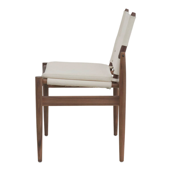 "Light beige cushioned chair with a dark walnut wood frame, showcasing a clean, modern design."