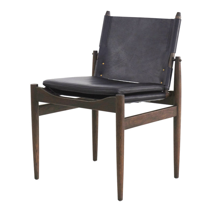 Mid-century modern chair featuring a rich brown wooden frame and sleek black leather seat and backrest.