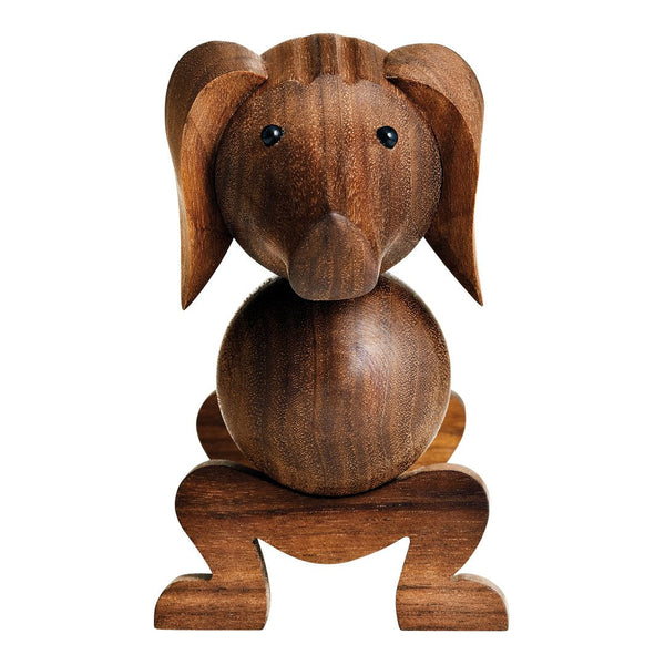 Wooden elephant figurine in rich brown tones with smooth, rounded shapes and playful design. Perfect for home decor.