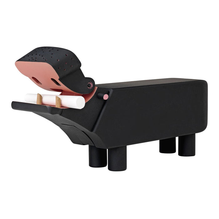 Black and pink hippo-shaped storage box with smooth surfaces and playful design accents.