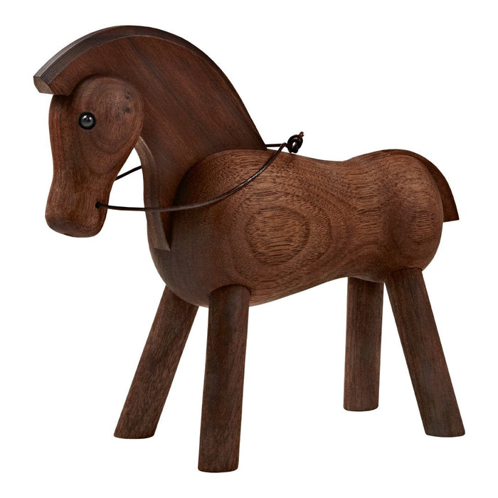 Brown wooden horse figurine with a smooth finish and rounded features, showcasing natural wood grain details.