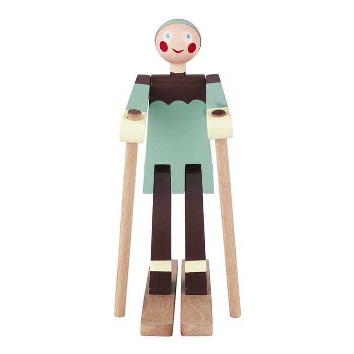 Colorful wooden puppet features mint green, brown, and light tan with playful design elements and cheerful details.