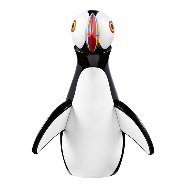 Colorful penguin figurine in black, white, and vibrant red and yellow accents, featuring a sleek modern design.