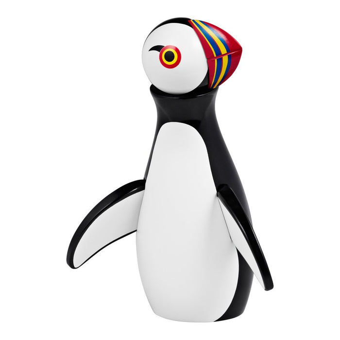 Colorful penguin figurine featuring bold black and white body with a vibrant multi-colored striped head.