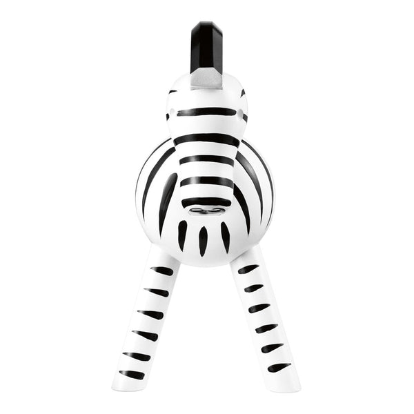 Black and white striped zebra toy with round body and sturdy legs, perfect for playful decor.