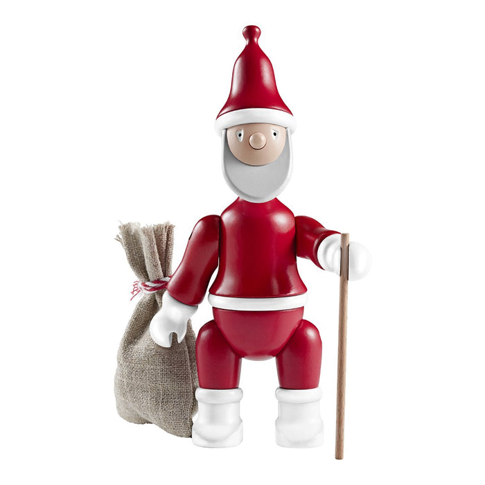 "Red and white Santa figure with a gray burlap sack, featuring simple, festive patterns."