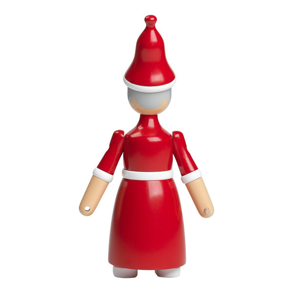 Red figurine with a pointed hat and dress, featuring white accents on the arms and waist. Ideal for festive decor.