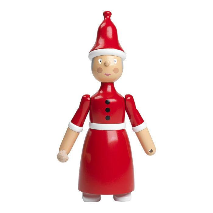 Red Christmas doll with a festive hat, buttons, and white accents, featuring a cheerful facial expression.