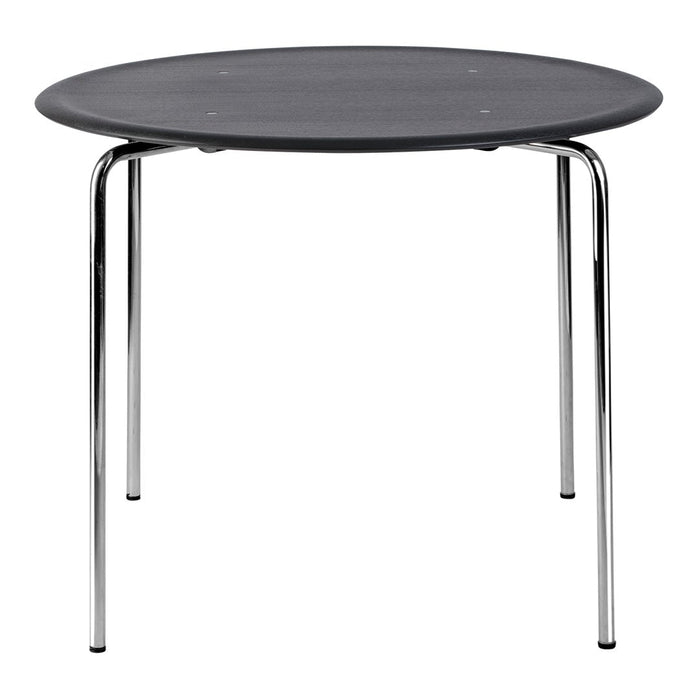 Round black table with a smooth surface and chrome legs, perfect for modern dining or accent decor.