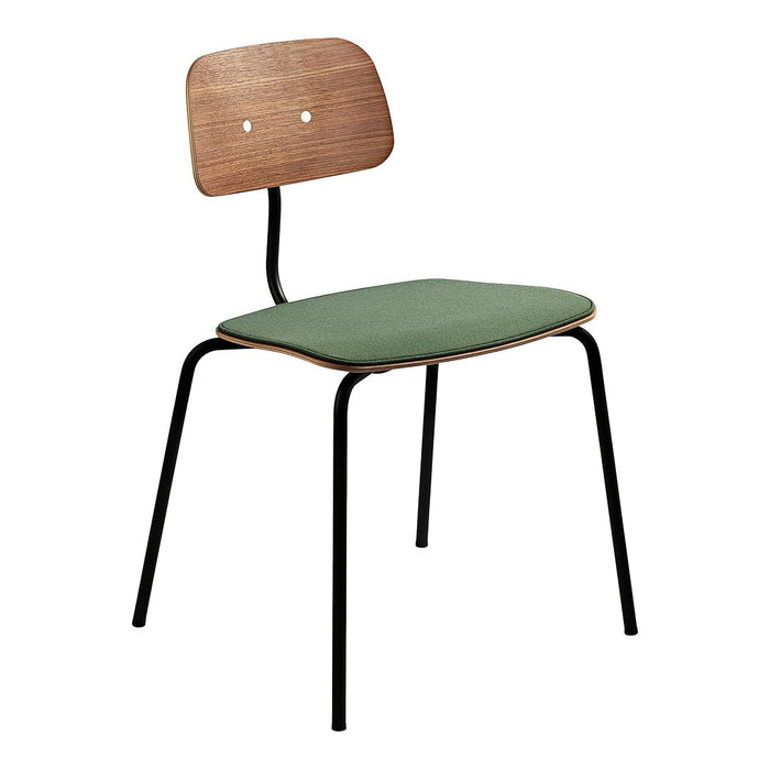 Green upholstered chair with a natural wood backrest and black metal legs, featuring a minimalist design.