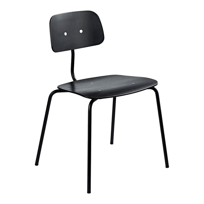 Black minimalist chair with a smooth wood seat and backrest, featuring simple holes for a modern touch.