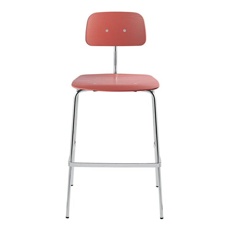 Pink modern stool with a minimalist design and chrome legs, featuring a smooth, solid color finish.