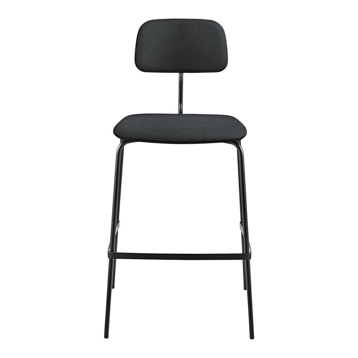 Sleek black high chair with a minimalist design and soft upholstery, featuring clean lines and a modern aesthetic.