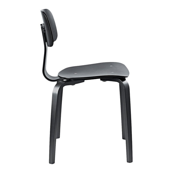 Sleek black chair with a minimalist design, featuring a smooth matte finish and simple curved lines.