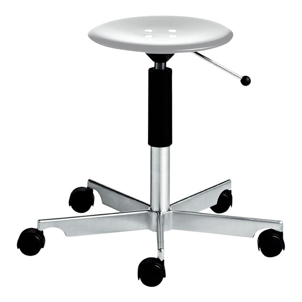 "White ergonomic stool with a black base and silver wheels, featuring a smooth, minimalist design."