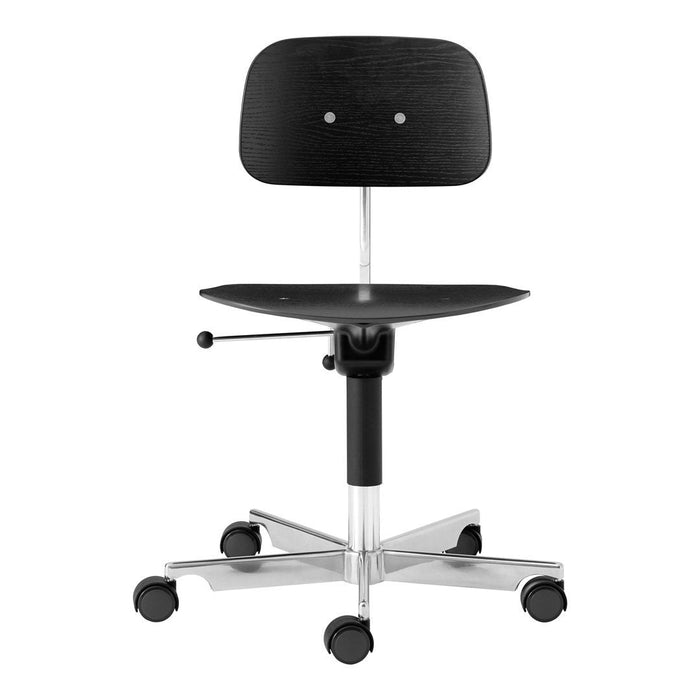 Black wooden chair with a smooth, minimalist design, polished chrome accents, and a sturdy five-wheel base.