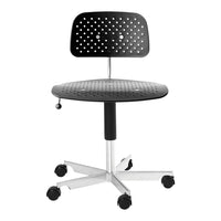 Black perforated rolling chair with a sleek chrome base and smooth black wheels, featuring a modern design.