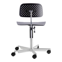 Black perforated office chair with a shiny chrome base, featuring a sleek, modern design and adjustable height.