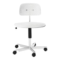 White perforated office chair with black base and wheels, featuring a modern and minimalist design.