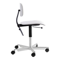 White ergonomic chair with perforated pattern, black accents, and a chrome base, showcasing a modern, sleek design.