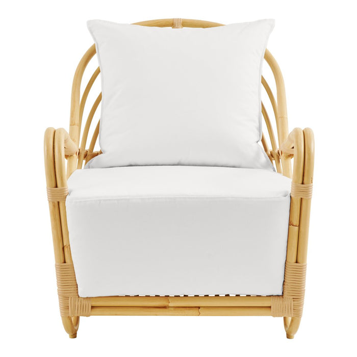 Rattan chair with a natural finish and white cushion, featuring a sleek, minimalist design.