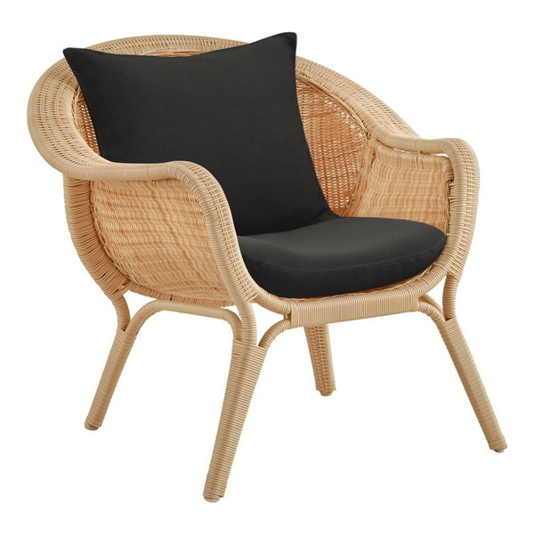 Natural rattan armchair with a sleek black cushion, featuring a woven pattern for a modern touch.