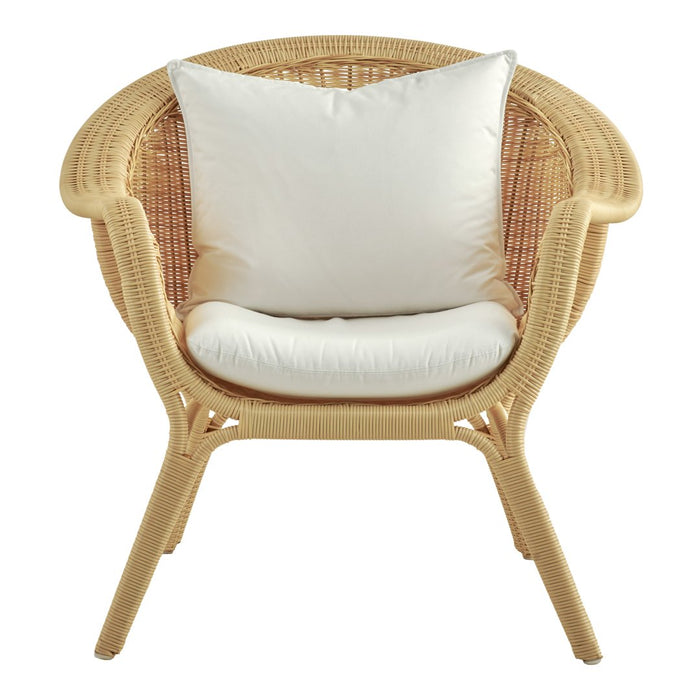 Natural rattan chair with a textured, woven design and soft white cushions for a cozy, modern touch.