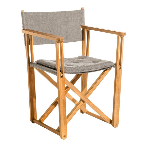 Compact gray canvas director's chair with a natural wood frame and a cushioned seat for comfort.