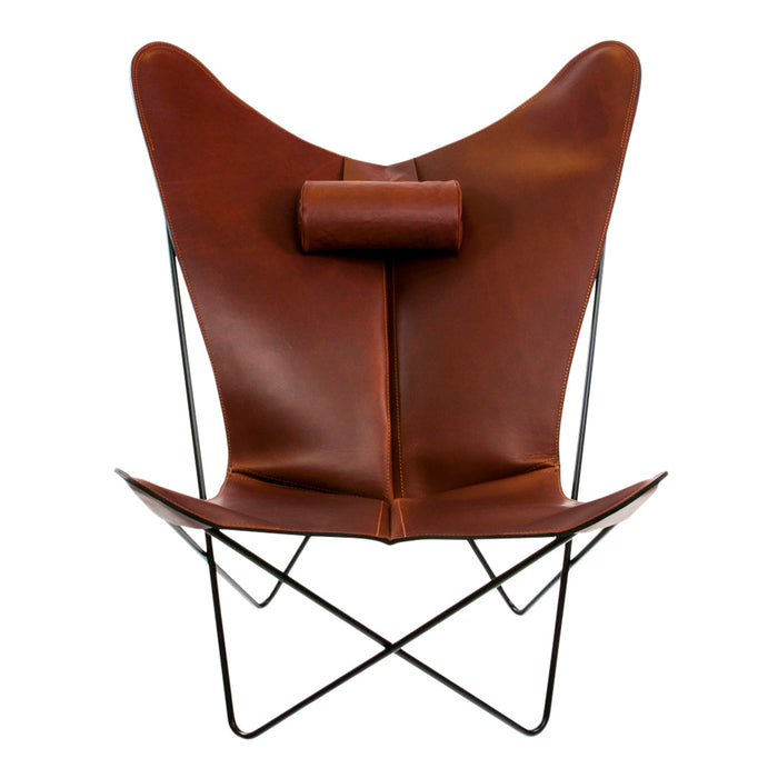 Brown leather butterfly chair with sleek black metal frame and minimalist design. Features a unique, modern silhouette.