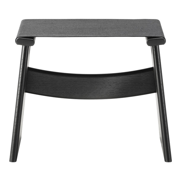 Black wooden stool with a sleek gray fabric top and minimalistic design. Perfect for modern decor.