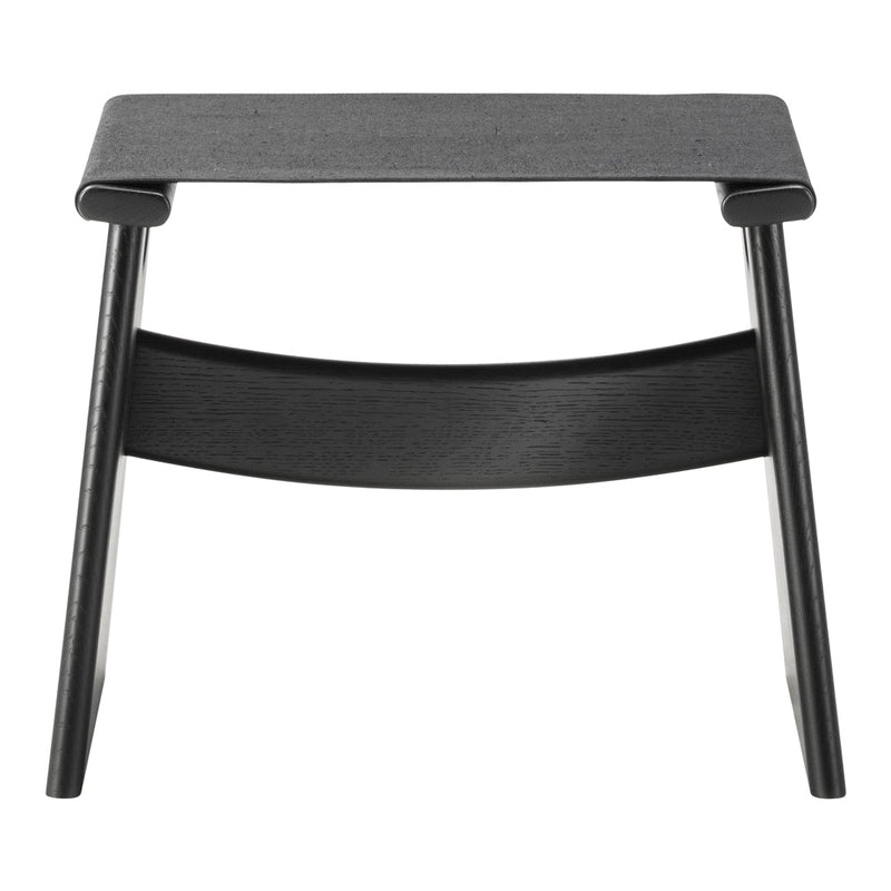 Black wooden stool with a sleek gray fabric top and minimalistic design. Perfect for modern decor.