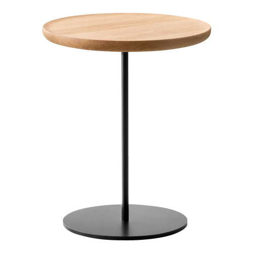 Round wooden tabletop in light oak finish with a sleek black metal base. Modern and elegant design.