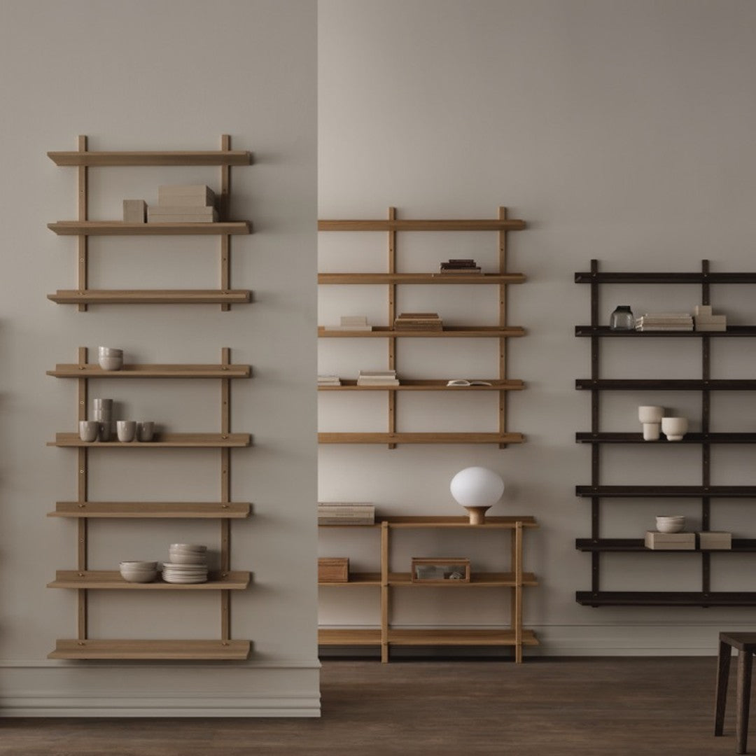 "Wooden shelves in natural beige and dark brown, featuring clean lines and minimalist design against warm wall tones."