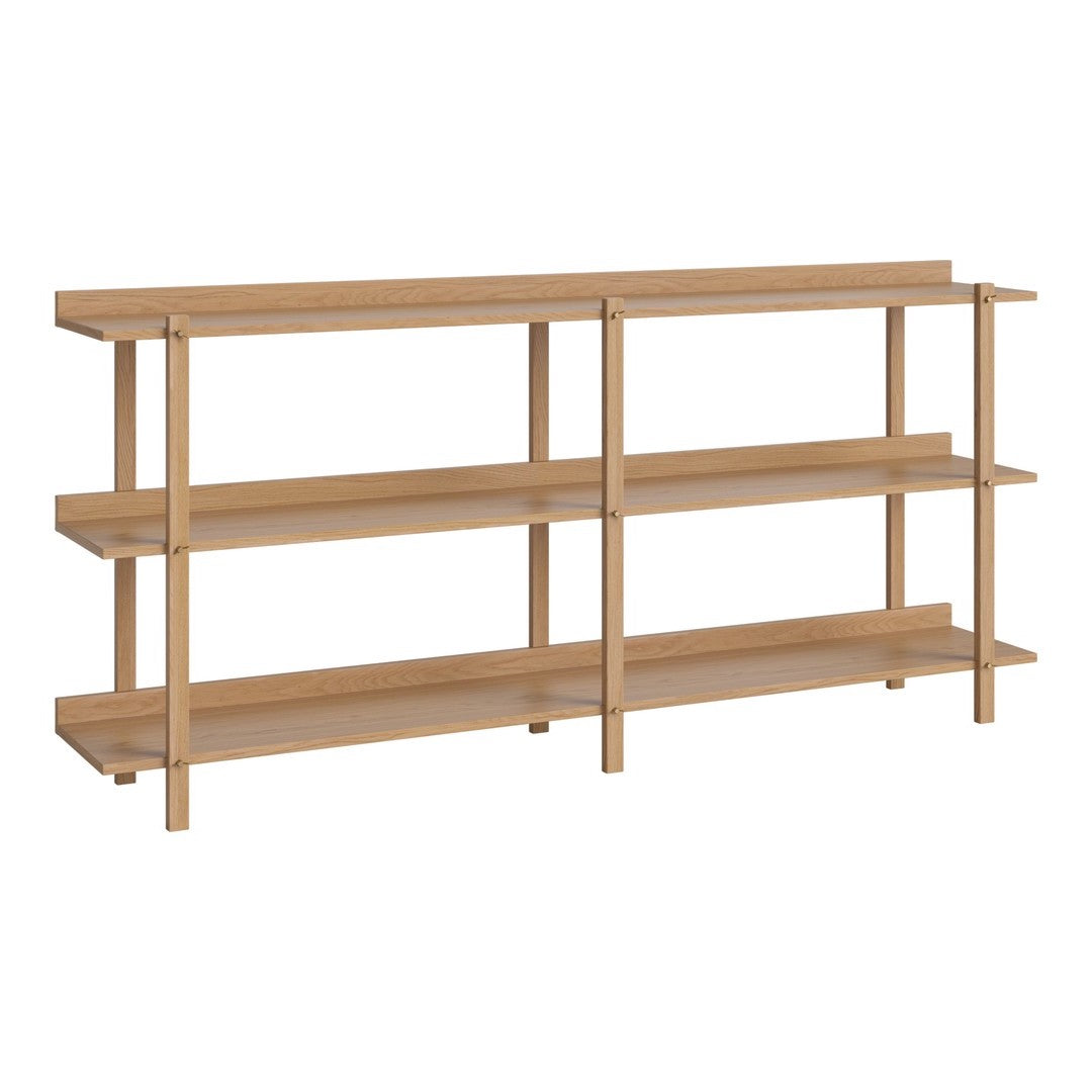 Light wooden shelving unit with a natural finish and simple, clean lines. Features three spacious shelves.