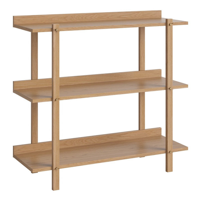 Natural wood finish shelf with a smooth texture and minimalist design, featuring three open shelves in light brown.
