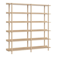 Light wood shelf unit with a minimalist design, featuring multiple open shelves and a smooth, natural finish.