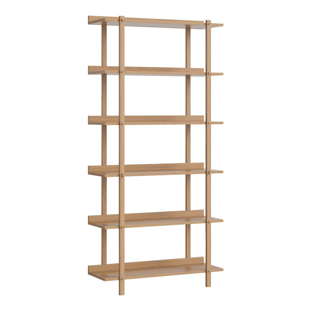Light oak bookshelf with six open shelves, featuring a simple and modern design, perfect for any space.
