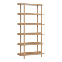 Light oak bookshelf with six open shelves, featuring a simple and modern design, perfect for any space.