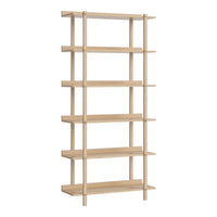 Light wooden bookshelf with a simple, streamlined design and natural finish, featuring six open shelves for versatile storage.