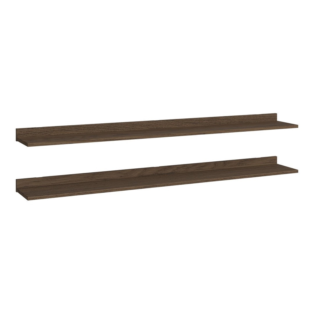 Dark wood floating shelves with a smooth finish, featuring a simple, sleek design. Perfect for modern decor.