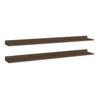 Dark wood floating shelves with a smooth finish, featuring a simple, sleek design. Perfect for modern decor.